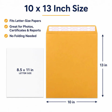 Diagram showing 10x13 Inch Kraft Mailing Envelopes With Gummed Seal Closure 28lb Heavyweight Manila Catalog Envelopes