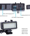 Ultra Bright Waterproof Dimmable Underwater LED Light For GoPro Hero And DJI Osmo Action, showing battery and ports