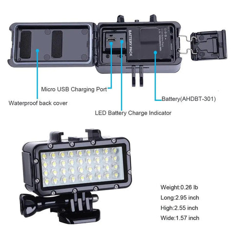 Ultra Bright Waterproof Dimmable Underwater LED Light For GoPro Hero And DJI Osmo Action, showing battery and ports