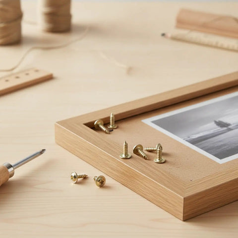 Gold Self-Tapping Picture Frame Screws With Integrated Washers For DIY Crafts on a wooden frame with screwdriver.