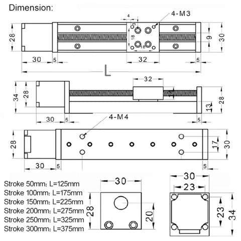 Mini T Linear Slide Stage With 50-300mm Stroke, Preinstalled 28mm Stepper, Compact Desktop Printer Ready Motion Platform for dimension drawing