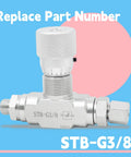 STB-G3/8 hydraulic flow control valve with knurled adjustment knob, silver metal body, dual side connectors