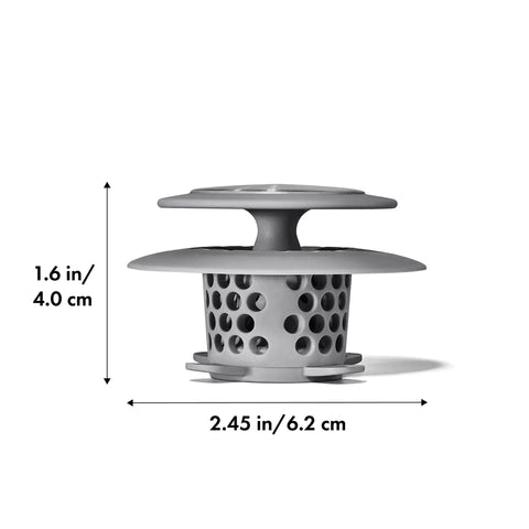Stainless Steel Hair Catch Drain Protector With Two-Piece Design And Flexible Silicone Cone, dimensions 1.6 x 2.45 inches.