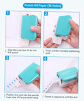 Instruction steps for Handy 6 Hole Puncher For A4 A5 B5 Notebooks And Scrapbooks, demonstrating paper alignment and punching process
