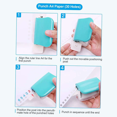 Instruction steps for Handy 6 Hole Puncher For A4 A5 B5 Notebooks And Scrapbooks, demonstrating paper alignment and punching process
