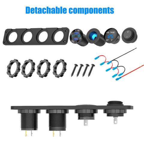 Detachable parts of 4 In 1 12V USB Outlet Marine Switch Panel Kit with PD3.0, QC3.0, and blue LED voltmeter, RV Boat Car accessory