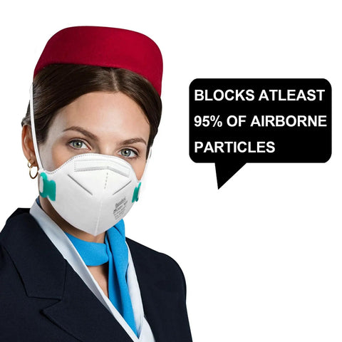 Person wearing N95 Respirator Mask 30 Pack NIOSH Certified Disposable 5 Ply Breathable Face Masks With 95% Filtration