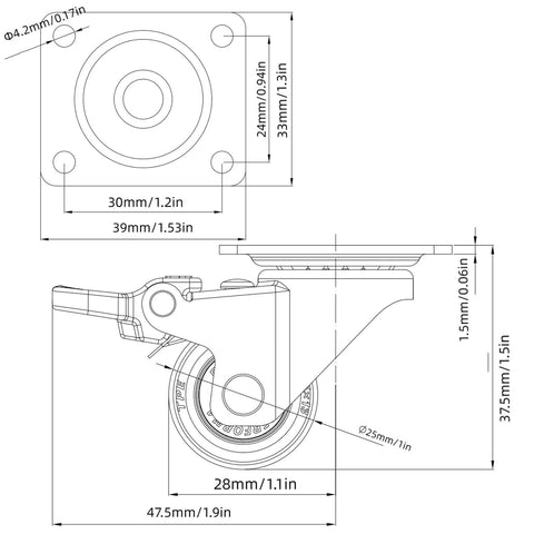 Smooth Ride One Inch Caster Set Packs Two Swivel Casters With Locking Pads And Self Tapping Screws dimensions diagram.