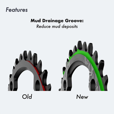 130 BCD Chainring 40T To 58T Narrow Wide Tooth Aluminum Lightweight For 1x Drivetrain On 7 To 12 Speed Road And Folding Bikes With Anti Drop Design And Safer Rides showing mud drainage groove comparison