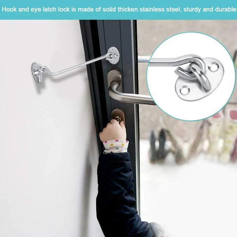 Lecheer 3PCS 10in Cabin Privacy Hook Eye Latch Lock Stainless Steel Solid Gate Hooks Hasp for Window, installed on a door.