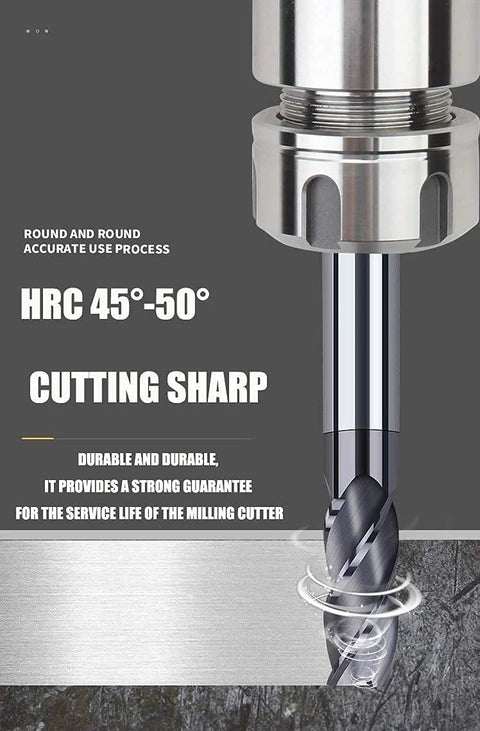 CNC end mill cutter, carbide tungsten steel, straight shank, chrome finish, helical flutes.