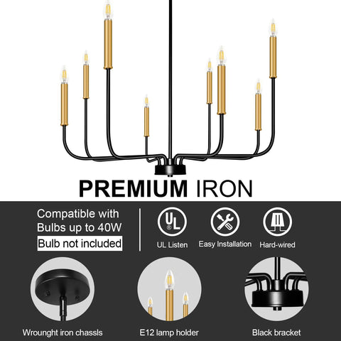 Black Matte Farmhouse 8 Light Chandelier With Gold Candle Accents Dope Modern Pendant Ceiling Light For Dining Room, Kitchen, Hallway, Living Room, Bedroom, Office, Bar, Foyer