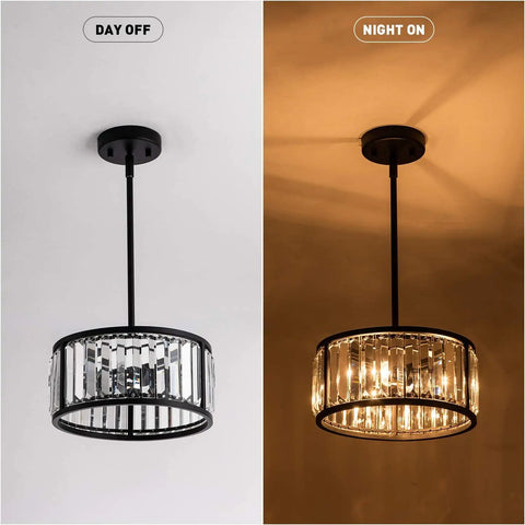 Crystal Drum Pendant Light Fixture with 3 Lights in Black Finish, adjustable, shown off and illuminated in two settings