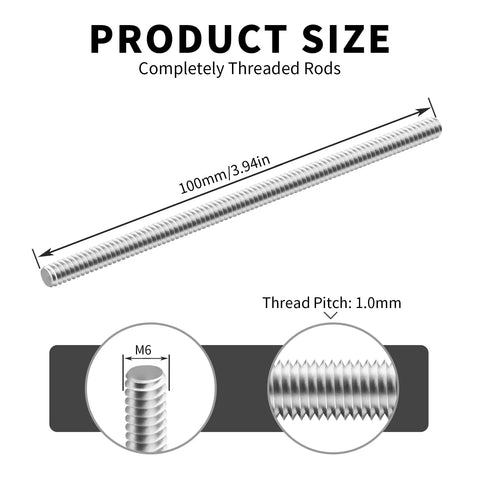 Heavy Duty M6 Fully Threaded Rod Bars 304 Stainless Steel Right Hand Threads For Anchor Bolts Clamps And Rigid Mounting Tasks Rock Solid Hold And No Sweat Assembly Built Tough Pack Of Two with size details and thread pitch