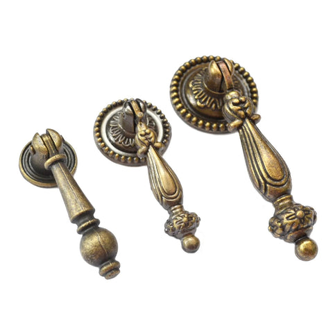 Four Piece Antique Bronze Drawer Pulls Set With Single Hole Mount, Vintage Decorative Handles For Dresser Cabinet Chest And Jewelry Box