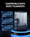 Split Design Filament Dryer Box For 3D Printers on display with drying temperatures and filament compatibility details.