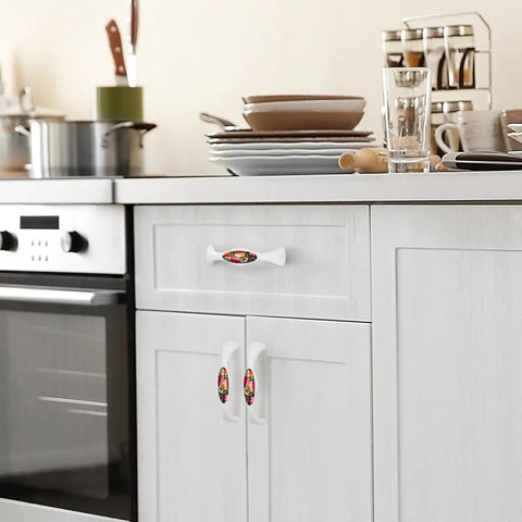 Level Up Your Home Decor With These Killer Cabinet Handles Featuring A Virtually Red Rose Oil Painting Design Durable White Crystal Glass Knobs on kitchen cupboard