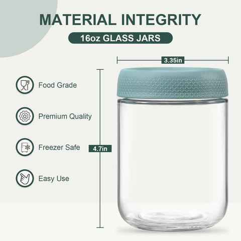 Image of Six Pack 16 Oz Glass Jars With Airtight Lids For Overnight Oats, Snacks And Meal Prep, Wide Mouth Mason Style Jars With Dimensions