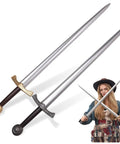 Two 28 Inch Foam Safety LARP Swords With Gold And Silver Colored Handles Non Sharp EVA Design For Safe Pretend Play Stage Battles And Cosplay Kid Friendly Prop Set Two Piece Battle Ready Sword Set with a person holding the swords crosswise