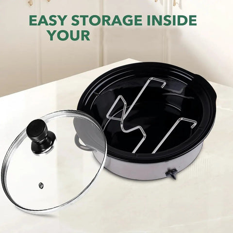 Kick Up Your Slow Cookin Game With This Heavy Duty Stainless Steel Lid Holder That Keeps Your Crockpot Cover Clean Off Counter And Floor While Saving Sweet Prep Space For Weekend Batch Cooking. Heavy duty stainless steel lid holder with slow cooker and lid.