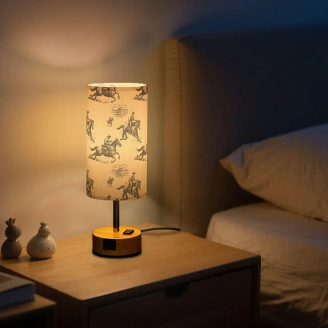 Cowboy Watercolor Decor Bedside Lamp With 3-Way Dimmable Touch Control And Built-In Charging Station on nightstand