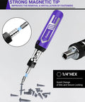 Close-up of a 14 In 1 Ratchet Screwdriver Set With 180 Degree Pivot Handle, showing magnetic tip and multiple screws.