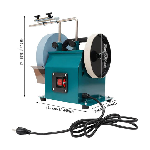 Built Tough 240W Electric Knife Sharpener And Versatile Bench Grinder on workshop table with grinding wheel and polish wheel.