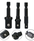 Heavy Duty 3-Piece Socket Adapter Set With Hex Shank Nut Drivers For Impact Drills, 50mm black chrome vanadium steel