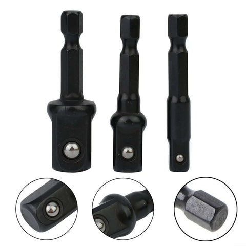 Heavy Duty 3-Piece Socket Adapter Set With Hex Shank Nut Drivers For Impact Drills, 50mm black chrome vanadium steel