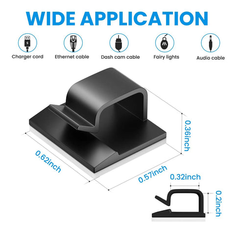 30 Pack Small Black Adhesive Cable Clips for Quick Cord Management, dimensions and applications for organization.