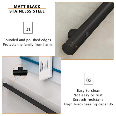Slick Modern Indoor Stair Railing Kit Featuring Adjustable Stainless Steel Handrail And Wall Mount Banister With Two Inch Round Tube No Sweat Easy Install For Smooth Safe Steps Rock Solid Build, displaying matt black stainless steel with rounded polished edges.
