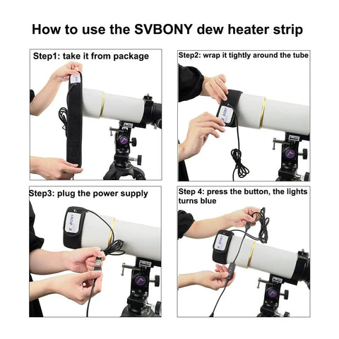 Step-by-step guide showing how to use the 320mm Dew Heater Strip for Telescopes and Camera Lenses, installation process shown in four steps.
