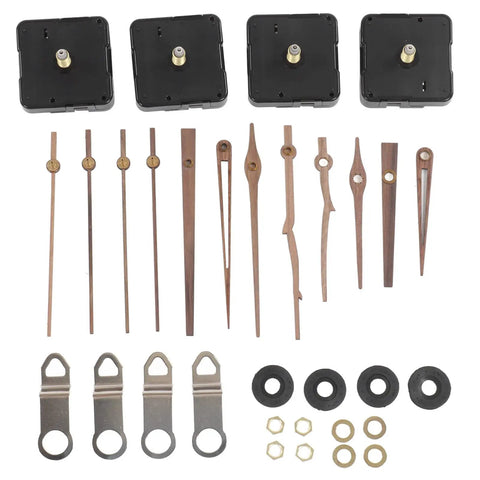 All In One Clock Repair Kit With Walnut Wood Hands ABS Movement Quartz Mechanism And 32 Piece Tool Kit includes 4 movements and wooden hands.