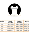 Diagram showing dimensions of 50 Pack External Retaining Rings 5.25mm One Quarter Inch 65Mn Carbon Steel E Clip Circlip Snap Rings.