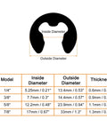 External Retaining Rings diagram with dimensions table for 5.25mm E Clip Snap Rings set, detailing sizes and measurements.