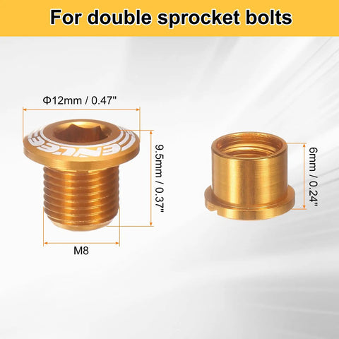 Five Pack M8 Aluminum Alloy Chainring Bolts For Road And Mountain Bikes showing double sprocket bolts with dimensions
