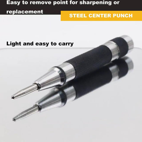 Two Pack Steel Automatic Center Punch With Adjustable Stroke, 5 Inch Length, Spring Loaded, Knurled Steel Handle