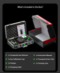 Packaging contents of Four In One Gas Leak Detector With Multi Gas Alarm For Home And RV, includes device, charger, cable, instruction manual.