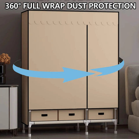 Heavy Duty Canvas Wardrobe Stack With Metal Hanging Rail And Deep Shelves, freestanding closet with dust protection, two drawers.