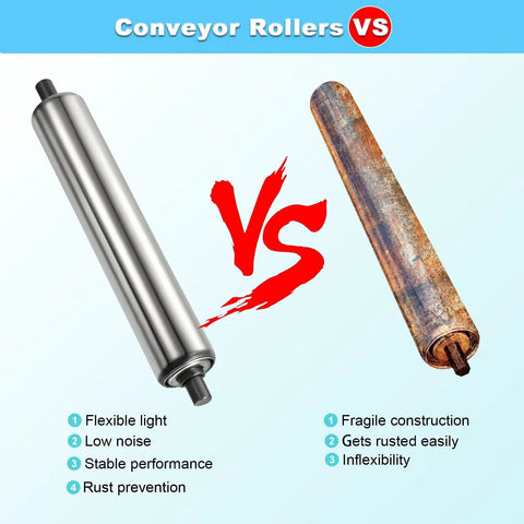 Comparison of Pack Of Seven Flexible Conveyor Rollers Crafted From Galvanized Steel Tube versus a rusty roller, highlighting benefits.