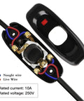Two Pack Black Inline Lamp Switch With Neon Indicators For Night Visibility, Easy See On Off, Built Tough And High Quality Phenolic Plastic, 10A 250V, Durable Inline Switches For Lamps And Fixtures, Perfect For DIY Projects. Black phenolic inline lamp switch, open view with wiring and 10A 250V rating.