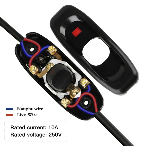 Two Pack Black Inline Lamp Switch With Neon Indicators For Night Visibility, Easy See On Off, Built Tough And High Quality Phenolic Plastic, 10A 250V, Durable Inline Switches For Lamps And Fixtures, Perfect For DIY Projects. Black phenolic inline lamp switch, open view with wiring and 10A 250V rating.