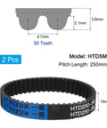 Two Pack Beefy HTD5M Rubber Timing Belt, 50 Teeth, 250mm Pitch, 15mm Wide, 3.6mm Thick, Closed Loop Pulley Belt For High Torque Drives And CNC Machines, Durable Neoprene With Nylon Cord.