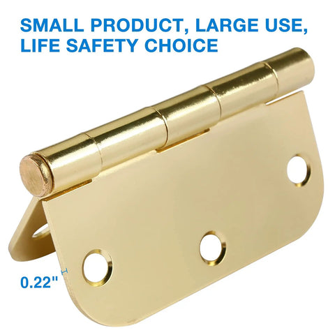 Door Hinges 3.5 Inch Polished Brass, 18 Pack, Heavy Duty Steel With Rounded 5 Eighths Radius Corners, Reversible Removable Pin