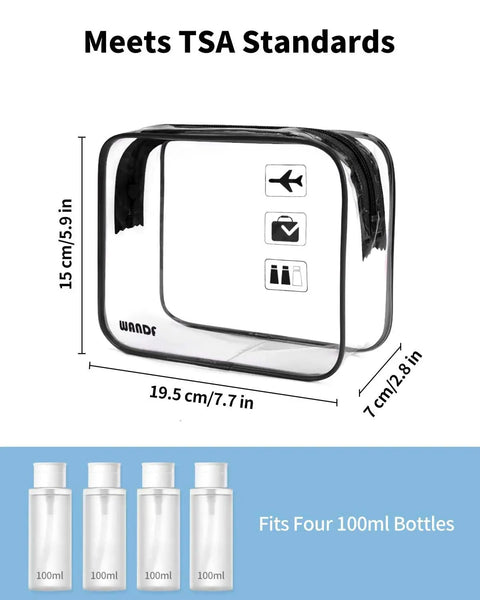 Image of Clear Travel Toiletry Bag Set TSA Approved For Carry On With Zippers, see-through PVC, dimensions 19.5x15x7cm, fits 4 bottles