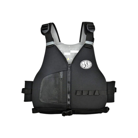Front view of Adult Swim Vest With Adjustable Safety Straps In Black Size Large Fit Made Of 2 Mm Neoprene And EPE Foam CE Certified EN131381 2021