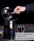 Person using Automatic Coffee Maker With Built-In Bean Grinder For Home Use, Drip Coffee Machine That Keeps Your Brew Hot
