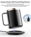 Ditch Lukewarm Sludge With This Smart Usb Heated Coffee Mug using power base, stainless steel, and USB heating for office use.