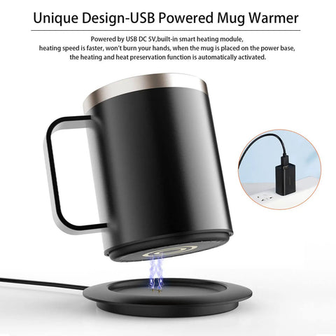 Ditch Lukewarm Sludge With This Smart Usb Heated Coffee Mug using power base, stainless steel, and USB heating for office use.