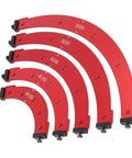 Pro Level Aluminum Round Corner Radius Template Set R100 To R300 showing sizes R100 to R300 in red aluminum for shaping cabinet edges.